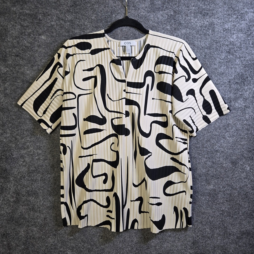 COS Top Womens S Cream Black Abstract Swirl Design Artsy Crinkle Pleat 1/2 Zip